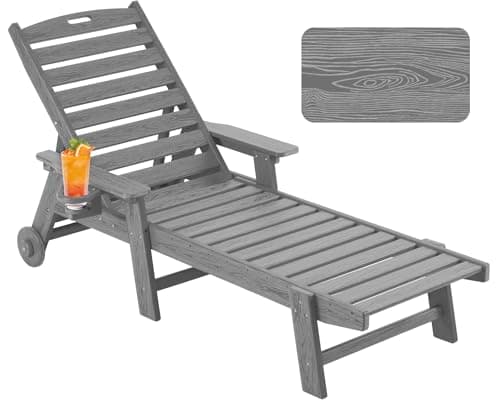Serique Chaise Lounge Chair Outdoor with Wheels, Oversize Patio Lounge Chairs with Wood Texture, 5-Position Plastic Lounge Chairs for Poolside, Patio, Deck, Beach