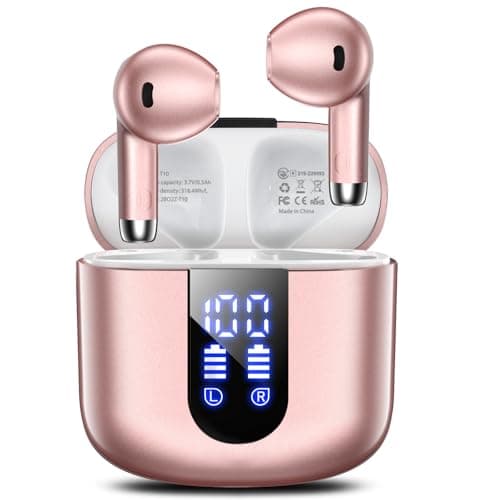 Haqquio Wireless Earbuds, Bluetooth Headphones with Deep Bass Stereo, 48H Playback Ear Buds with LED Power Display, Lightweight, IPX7, in-Ear Earphones with Mic for iPhone/Android/iPad, Light Pink