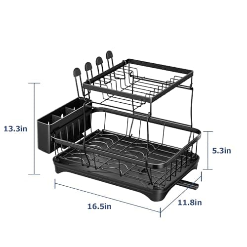 arshray Dish Drying Rack 2-Tier Dish Racks for Kitchen Counter, Adjustable Spout Auto-Draining Dish Rack, Large Capacity for Plates, Bowls, Cups, Tableware，Dish Drainer with Drainboard,Black 7