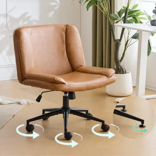 VINGLI Criss Cross Thick Padded Armless Comfy Desk Chair with Dual-Purpose Base,Adjustable Swivel Modern Vanity Chair,Rolling for Home Office, Computer,Task,Makeup,Waxed PU,Brown