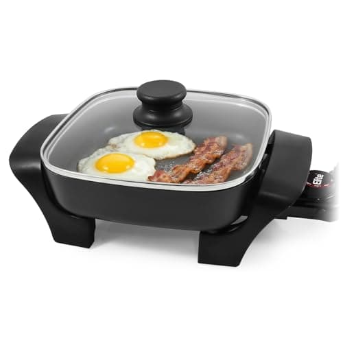 Elite Gourmet EG808 Electric Skillet 8"x8" Non-Stick Coating, Tempered Glass Lid, Removable Thermostat 200°F–400°F, Dishwasher Safe, 600W Compact 2.5-Qt Capacity for Eggs, Bacon & One-Pot Meals, Black