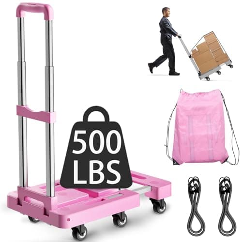 Folding Hand Truck, Foldable Cart for 500 lbs Heavy Luggage, Hand Truck Dolly, 6-Wheel Foldable Dolly with 2 Ropes, Ideal for Home, Office, and Travel Moving (Pink)