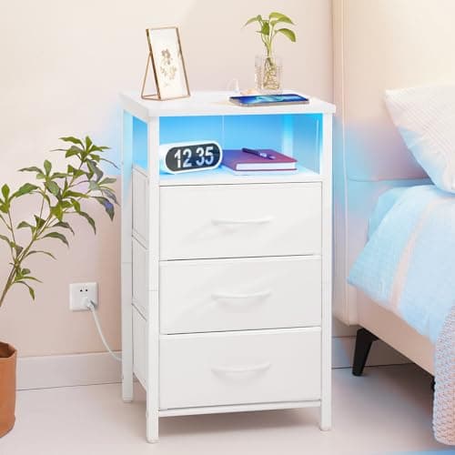 Yoobure Night Stand with Charging Station, 16 Colors LED Nightstand with USB Ports and Outlets, End Table with 3 Fabric Drawers and Storage Shelf, Bedside Tables Small Dresser for Small Space White 2