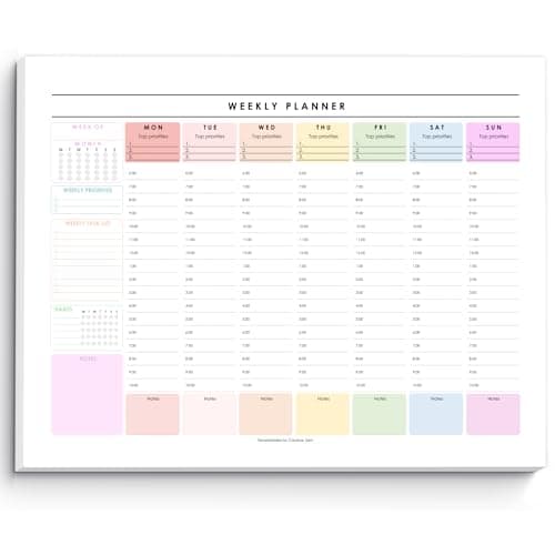 Weekly Hourly Planner Notepad, Daily Planner Desk Pad, Weekly Schedule, To Do List Note Pad, ADHD Planner | 50 Undated Tear Away Sheets | A4 (Rainbow)
