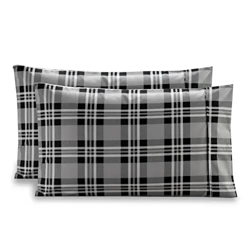 Elegant Comfort Pattern Printed Pillowcases 2-Piece Set Egyptian Quality Microfiber 1500 Thread Count - Classic Design Soft and Smooth Weave, Wrinkle Resistant, Plaid Queen Pillowcase, Gray