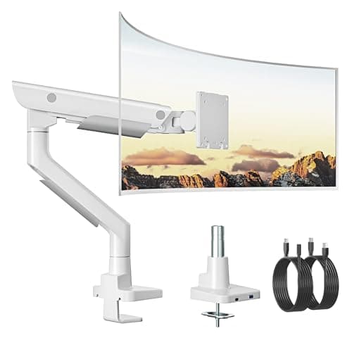monTEK Sleek Aluminum Monitor Arm for 17–57” Ultrawide Screens up to 59.4 lbs, USB 3.0 A/C, Heavy Duty Single Monitor Arm Desk Mount, Pneumatic Lift, Quick-Release Plate, Clamp/Grommet, VESA 100x100