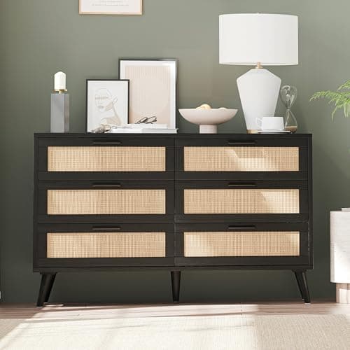 Rovaurx 6 Drawer Double Dresser for Bedroom, Rattan Chest of Dressers, Modern Wooden Dresser Chest with Golden Handles, Beside Table for Closet, Living Room and Entryway, Black and Natural