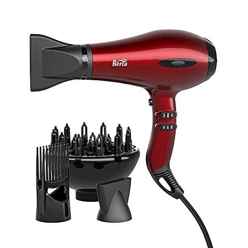 BERTA 1875W Powerful Negative Ions Hair Dryer Ceramic Professional Far Infrared Blow Dryer 2 Speeds 3 Heating Settings (3 Attachments)