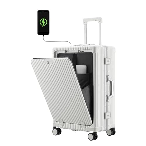 CAARANY Versatile Aluminum Frame Carry-On Luggage with USB Charging Port, Front Compartment, TSA Lock, Airline Approved Carry On Hardside Suitcase with Spinner Wheels(White, 20-lnch)