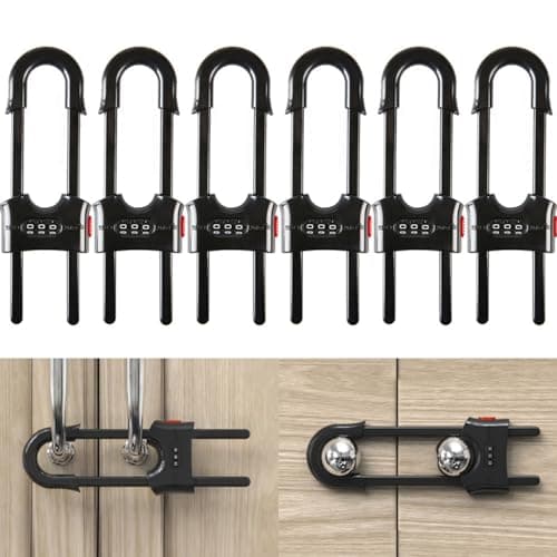 FIGEPO 6 Pack Child Proof U-Shaped Code Sliding Cabinet Door Locks Adjustable Baby Safety Plastic Cupboard Cabinet Latches Set for Knob Handle Drawers Closet Black 8