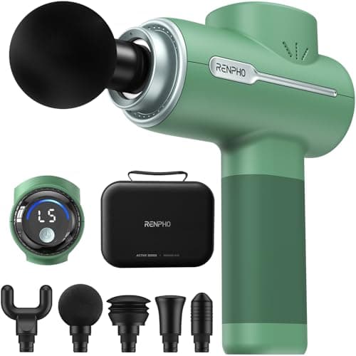 RENPHO Active Massage Gun, Deep Tissue Percussion Massager for Back and Neck, Portable Handheld Massager with 5 Speeds, 5 Attachments, Carry Case, Green