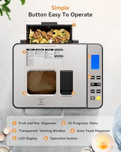 EUHOMY 25-in-1 Bread Maker Machine 2LB Breadmaker, Bread Machines with Nut Dispenser and Yeast Dispenser, 3 Loaf Sizes 3 Crust Colors, Dough Maker with Customized Options, Gluten-Free, Recipe, Gifts 7