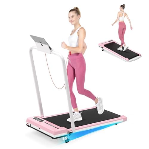 Incline Walking Pad with Handle Bar, Foldable Portable Under Desk Treadmill for Home Office, Ultra Quiet <45dB, Safety Lock, 300+ LB Capacity, Pink