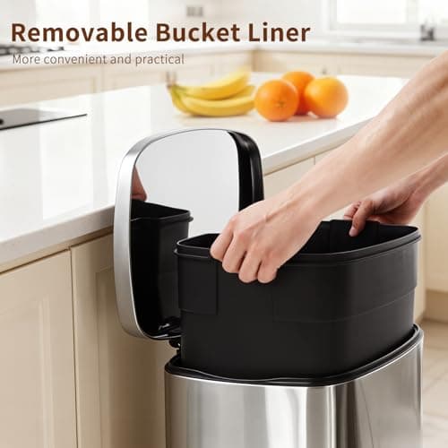 PayLessHere Trash Can with Lid, 13 Gallon (50L) Stainless Steel Kitchen & Office Recycling Bin with Foot Pedal Soft Close & Inner Bucket 5