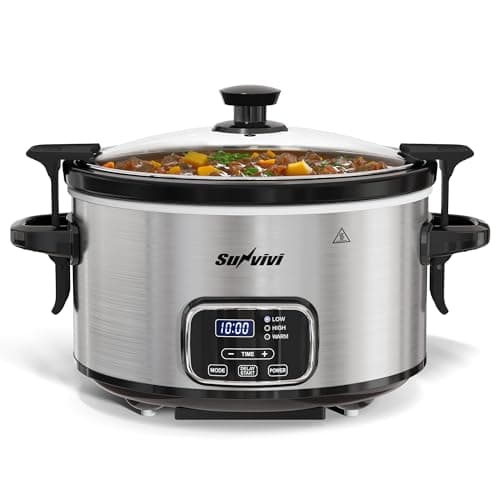 Sunvivi 4QT Programmable Slow Cooker with Locking Lid, Removable Ceramic Pot, 3 Heating Settings & Timer, Dishwasher-Safe, Stainless Steel
