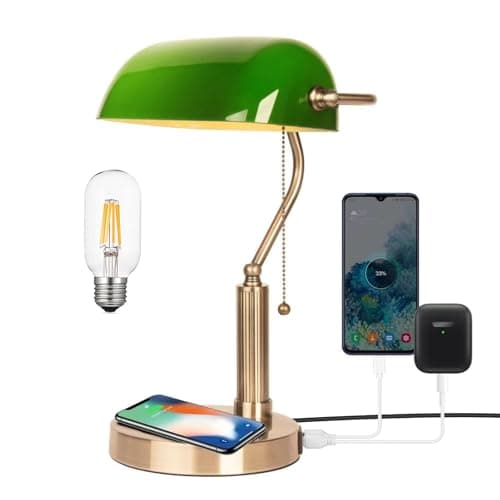 FIRVRE Glass Bankers Desk Lamp with Wireless Charger, 2 USB Charging Port, Vintage Desk Lamp with Pull Chain Switch, Retro Table Lamps for Home Office, Piano, Library (Bulb Included)