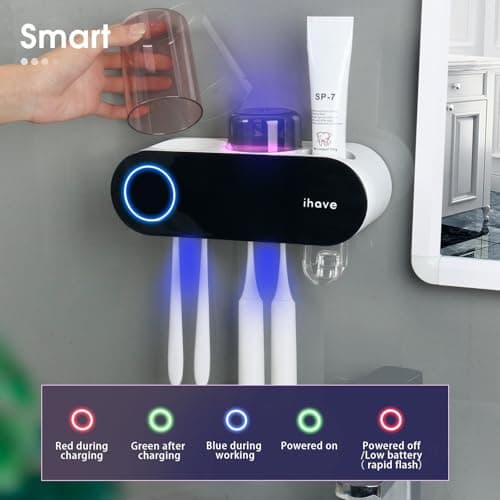 iHave Toothbrush Holders for Bathrooms, UV Toothbrush Sanitizer and Holder Smart Home Bathroom Accessories, 2 Cups Electric Toothbrush Holder Wall Mounted with Toothpaste Dispenser Bathroom Decor 8