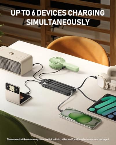 charmast Portable Charger with Built in Cables, 10000mAh Slim Power Bank, 15W USB C in&Out Port High Speed Charging External Charger, Battery Pack Compatible with iPhone 16 15 13 Samsung Google iPad 6