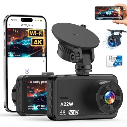 Front and Rear Dash Camera, 4K Dash Cam WiFi Car Camera with 64GB Card, 3.0" IPS Dash Camera for Cars with USB Charger, WDR, Night Vision, 170° Wide Angle, G-Sensor, Loop Recording, 24H Parking Mode
