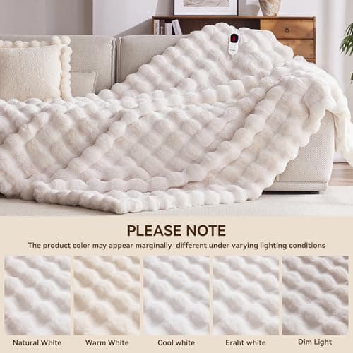 Anysay Heated Blanket King Size with 1/2/4/6/8 Hours Auto-Off 10 Heat Level, 90'' * 100'' Cozy Faux Rabbit Fur Bubble Electric Blanket with Overheat Protection(White) 6