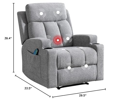 Phoenix Home Manual Recliner Chair with Massage and Heat Ergonomic Overstuffed Breathable Fabric Reclining Chair with 2 Side Pockets, 2 Cup Holders, Remote Control, Living Room, Bedroom, Gray 10