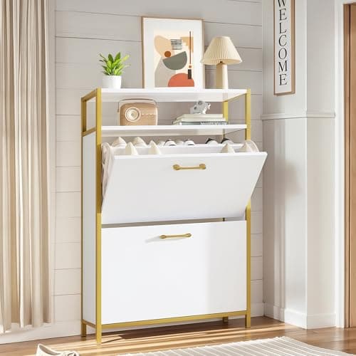 VECELO Shoe Storage Cabinet with 2 Flip Drawers for Entryway, Modern Slim Hidden Freestanding Organizer with Metal Legs for Hallway, Living Room, Large Capacity, Suit for Size to 8, White