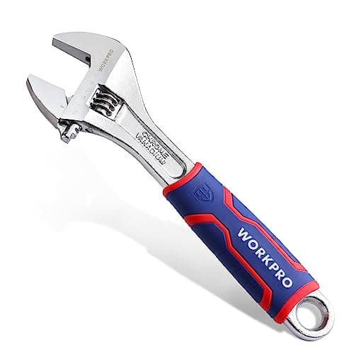 WORKPRO 10-inch Adjustable Wrench, Wide Jaw Opening Wrench with Rubber Anti-slip grip, Metric/SAE Scales, Premium Cr-V Steel, Chrome Plated