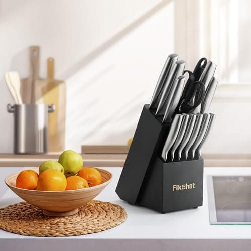 FIKSHOT Kitchen Knife Set, Including Knife Block Set and Sharpener - Made of High Carbon Steel, Rust-Resistant, Ergonomic Handle, Suitable for Cooking, Grilling and Gifting 3