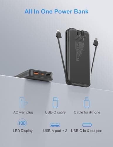 Portable Charger with Wall Plug, 10000mAh USB C Power Bank Fast Charging, External Battery Pack with Built in Cables, Digital Display, 5 Output 4 Input for iPhone Android Cell Phone Tablet 9