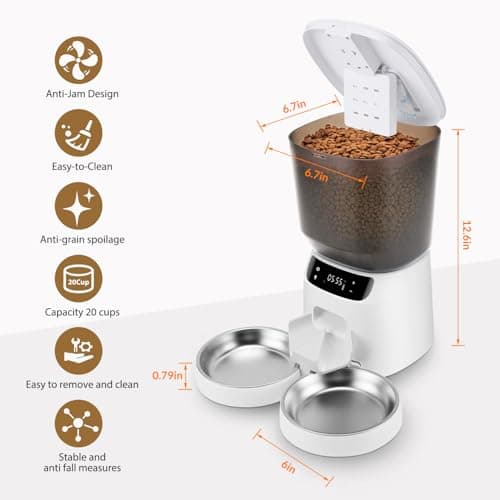 Automatic Cat Feeders for Two Cats, 5L/20 Cups Double Automatic Cat Food Dispenser with 2 Stainless Bowls, Timer Setting 20 Portions 6 Meals Per Day, 10s Meal Call, Pet Feeder for Dog 8