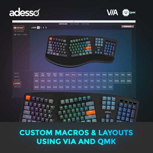 Adesso EasyTouch 1500 Ergonomic Mechanical Keyboard with Cherry Red Switches Wired Wireless Bluetooth RGB Illuminated Multi OS for Mac VIA Programmable with Copilot AI Hotkey 8