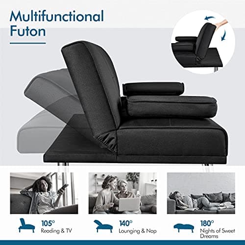 Yaheetech Linen Fabric Modern Sofa Bed Futon Couch Bed Folding Recliner Sleeper Reversible Loveseat Convertible Daybed, 2 Cup Holders, 3 Angles, 772lb Capacity, Removable Armrests, Black 6