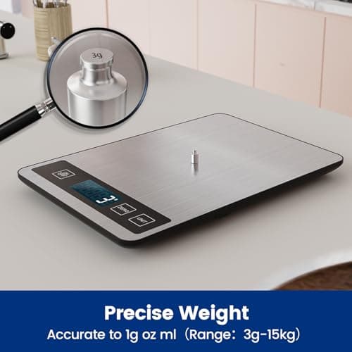 【33 lb & USB Rechargeable】 Digital Kitchen Food Scale Kitchen Scale, Stainless Steel Digital Weight Grams and Oz, Baking and Cooking, 0.1oz/1g Precise, 6 Weight Units (B1) 6