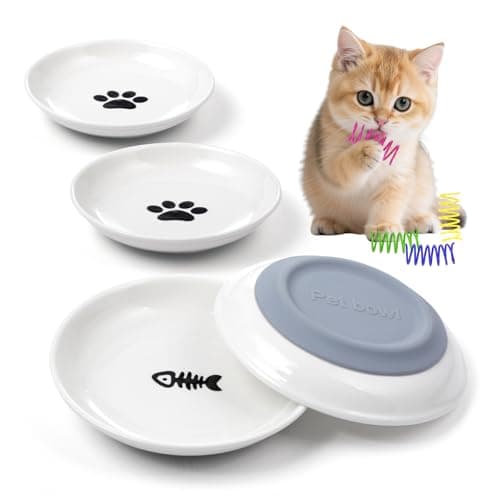 Ceramic Cat Food Bowls for Indoor Cats and Kitten, 4 Cute Cat Feeding Bowls Shallow Whisker Relief Dishes for Cats, 5.9" Wide Pet Plates for Wet & Dry Food and Water, Non-Slip Base, with 4 Spring Toys