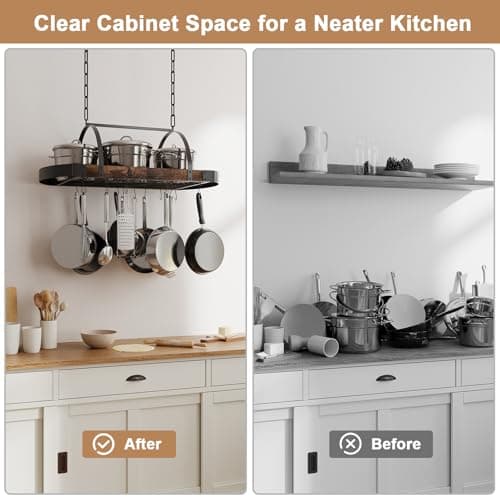 Chloraeon Hanging Pot Rack,32-Inch Ceiling Pot Rack for Kitchen,Space-Saving Pot Hanger with 16 Detachable S Hooks,Sturdy Metal Frame,Industrial Style,for Pot, Pan Storage,Space-Saving 7