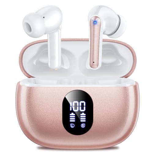 wyness Wireless Earbuds Bluetooth 5.3 Ear Buds, Hi-Fi Stereo Bass Ear Buds with 48H Playtime & LED Display, Lightweight in-Ear Headphones with Mic, IPX7 Waterproof, Touch Control for iPhone Rosegold