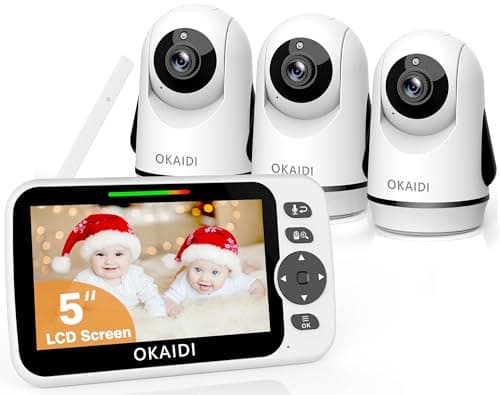 OKAIDI Video Baby Monitor with 3 Cameras, 5" Display Baby Monitor No WiFi, 30H Battery and 1000ft Range, 2-Way Talk, 8 Lullabies, Remote Pan-Tilt-Zoom Baby Camera for Baby/Pet/Elderly