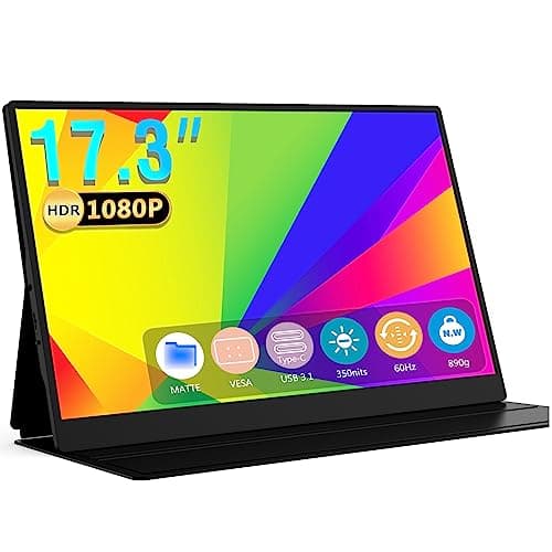 Bimawen Portable Monitor 17.3 inch | HDMI/Type-C Compatible | Foldable Stand | Leather Case | Dual Type-C IPS | 1080p | VESA Mountable