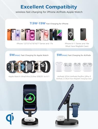 Hevanto 2026 3 in 1 Wireless Charging Station for Apple MagSafe Charger, 15W Fast Magnetic Mag-Safe Charger Stand for iPhone 17 16 15 14 13 12 17e Apple Watch AirPods Series, Gifts for Men 7