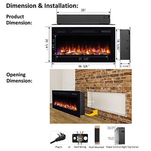 PuraFlame Alice 36 Inches Recessed Electric Fireplace, Flush Mounted for 2 X 6 Stud, Log Set & Crystal, 1500W Heater, Black 6