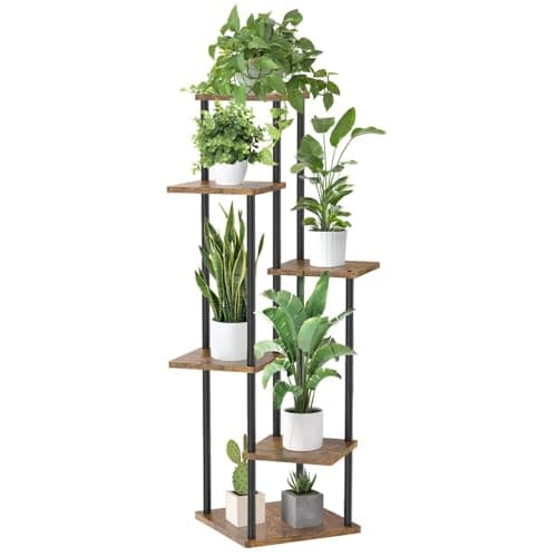 Oppro 6 Tier Tall Plant Stand Indoor Outdoor, Large Wood Metal Planter Shelf Holder for Narrow Corner, Sturdy Vertical Multiple Flower Orchid Pot Decorative Rack for House Living Room Bedroom Office, Rustic Black