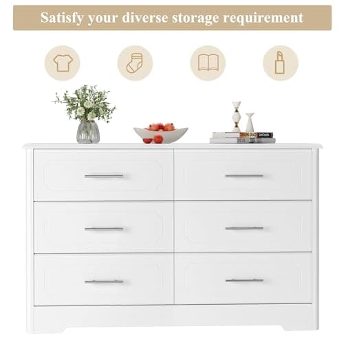 HOSTACK 6 Drawer Dresser, Modern White Double Dresser, Wide Chest of Drawers with Metal Handels, Accent Wood Storage Chest Organizers for Living Room, Hallway, Entryway (Trapezoid/White) 9