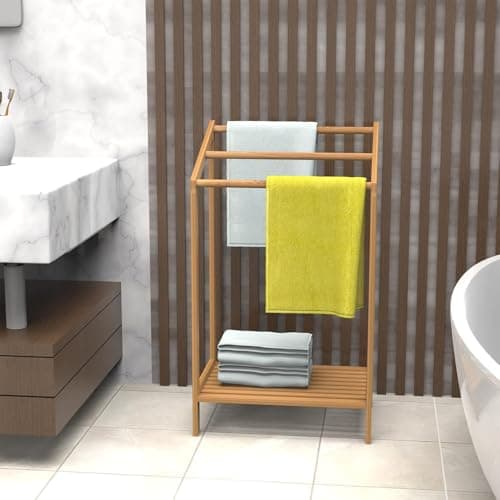 FoverOne Bamboo Towel Rack for Bathroom, 3 Tier Floor Freestanding Towel Holder Organizer with Bottom Storage Shelf for Hand Towels, Small Bath Towel and Bathrobe 3