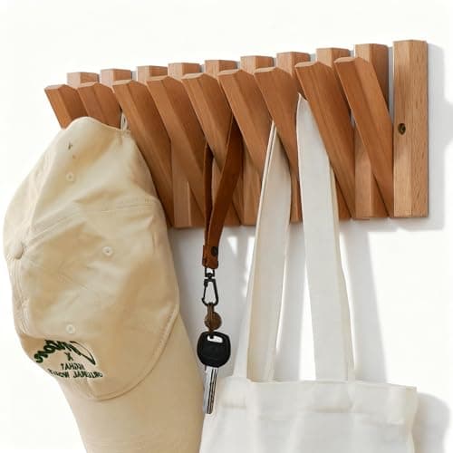 yaochuforest Coat & Hat Hooks Wall Mount with Key Holder, Wall Mounted Coat Rack with 9 Retractable Hangers, Solid Wood Slim Key Holder for Entryway, 17in Natural Finish