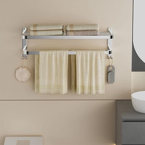 DDS-DUDES 23 Inch Bathroom Towel Rack Towel Shelf with Double Towel Bars Lavatory Wall Mount Holder with Hooks Stainless Steel Hotel Bath Rack 7