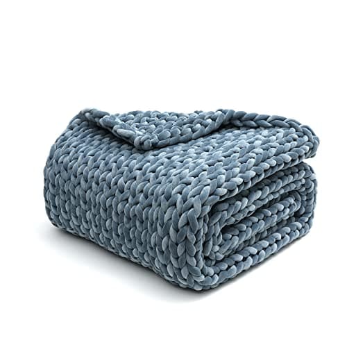 YnM Velvet Weighted Blanket, Handmade Chunky Knitted Design, Soft and Cozy, Temperature Regulating and Breathable, Machine Washable Throw for Sleep or Home Decor (Blue, 50x60 Inch, 10lbs)