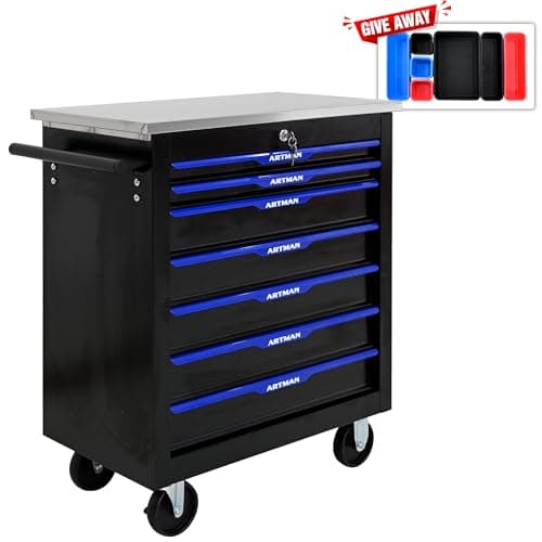 RYH 4/5/6/7 Drawers Rolling Tool Chest -Heavy Duty Mobile Metal Tool Box with Locking Wheels, with Stainless Steel Worktop, Garage Tool Storage Cabinet (Black-Blue, 7-Drawers 30.7" H×25.9" W) 5