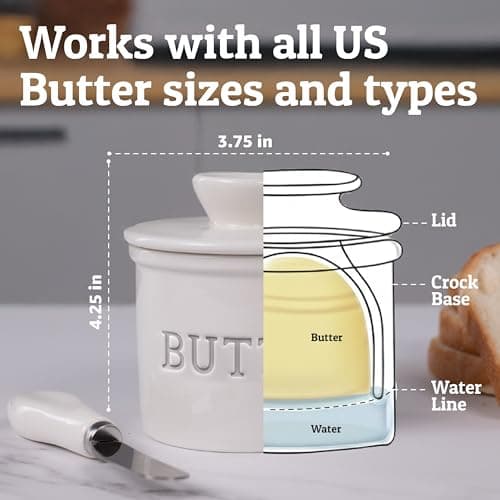 Priority Chef Butter Crock with Lid with Water Line, Ceramic French Butter Dish to Leave On Counter, White 5