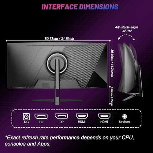 LXZ 34 Inch Gaming Monitor 1500R, 3440 * 1440p 165hz Frameless Display 100% sRGB, Wide Viewing Angle, Display Port HDMI - Black 6
