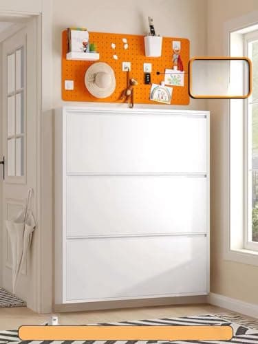 Metal Narrow Shoe Cabinet Storage for Entryway,No-Assembly Wall/Freestanding Shoe Rack Cabinet with 3 flip Drawers,Hidden Slim Shoe Organizer for Living Room, Hallway,Bedroom and Garage, (White, Big)